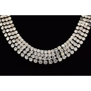 Vintage Clear Rhinestone Crystal Multi-Row Necklace Statement Prong 1950s BinBQ